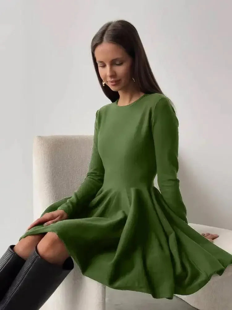 French Waistline Long-sleeved Slim-fit Bottom Knit Dress Women Autumn Winter Casual A-line Evening Party Dresses O-neck