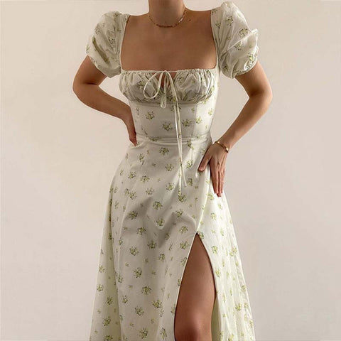 Women Floral Print Long Dress Summer Chic Short Sleeve Square Collar Split A Line Party Sundress Ladies Holiday Beach Vestidos