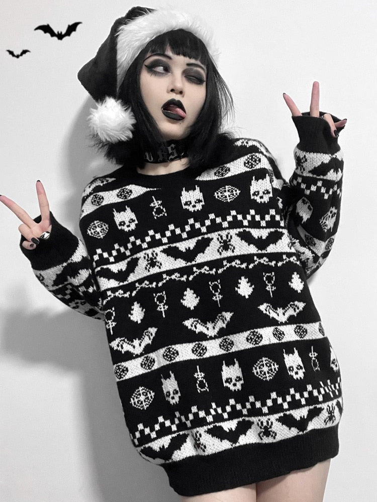 Halloween Dark Gothic Skull Punk Retro Bat Pattern Autumn Winter Soft Warm Knitted Sweater Women's Pullover