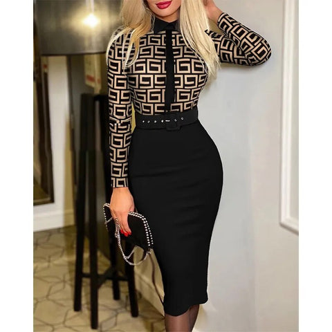 Office Lady Vintage Print Long Sleeve Belt Slim Bodycon Dress Women Summer New Elegant Fashion Commute Dresses Vestidos Feminino