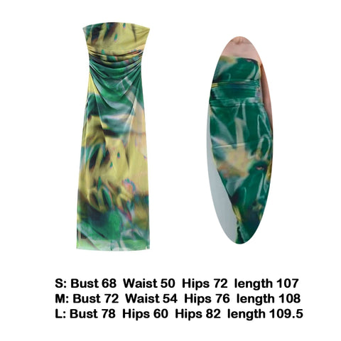 Sexy Strapless Women Summer Dress Y2K Fashion Printed Slim Maxi Beach Dress Elegant Mesh Sleeveless Vacation Party Outfis