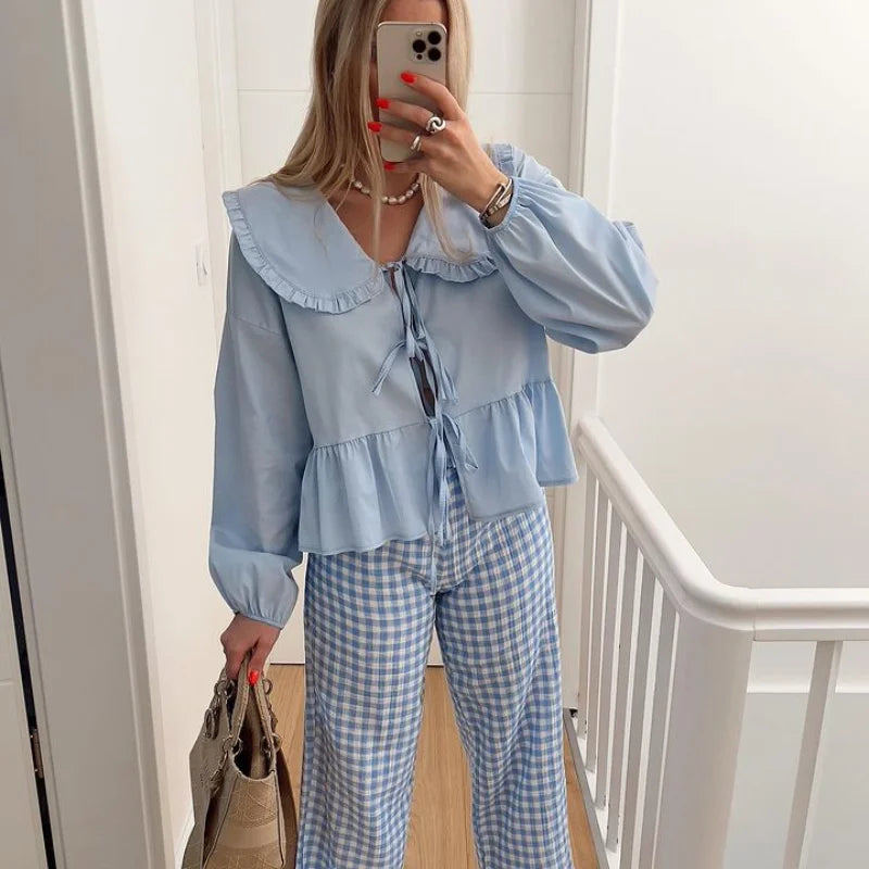 Fashion White Lapel Lace Up Women Short Shitrs Casual Loose Lantern Sleeve Pleated Blouse Spring Summer Chic Sweet Soft Top