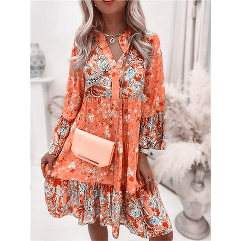 Women Floral Print Dress Oversize Elegant Pleated Long Sleeve Casual Dresses Female V Neck Loose Bohemian Beach Holiday Dresses