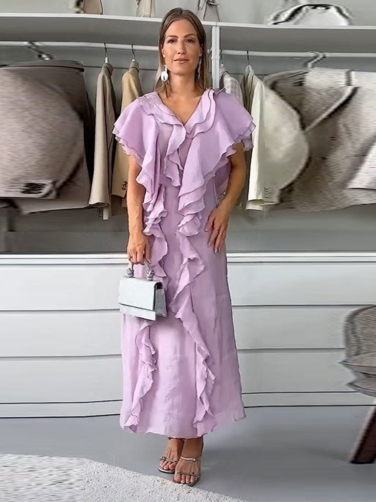 Elegant Ruffles Layer Long Dress Women Sexy V-neck Sleeveless High Waist Dresses Fashion Female Evening Party Club Vestidos