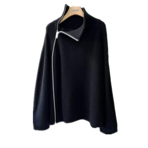 autumn and winter new 100% pure cashmere cardigan women's high neck mid-long zipper sweater loose knit coat