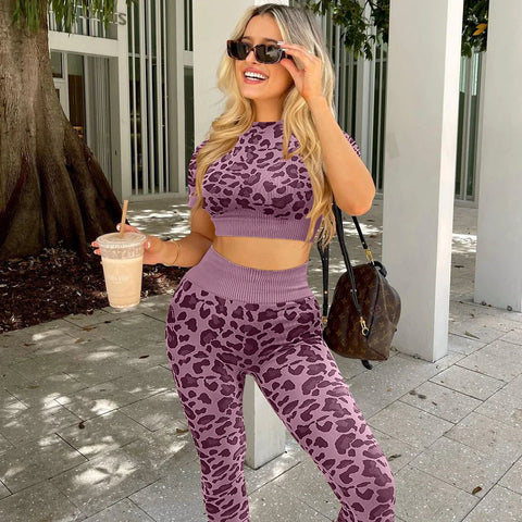 Autumn Hot Selling Leopard High Waist Hip Lift Up Pants Sets For Women Two Pieces Gym Fitness Sets