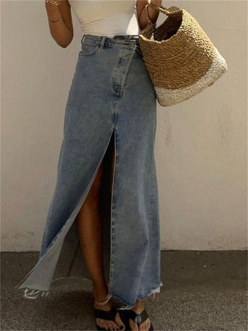 Casual High Waist Denim Skirts Women Spilt Out Maxi Jean Skirt Summer Holiday Long Skirts