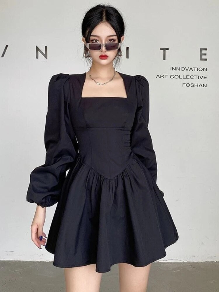 Black Elegant Mini Dress Women Vinatge Long Sleeve Dresses Square Collar Spring Autumn Fashion High Street Female Robe