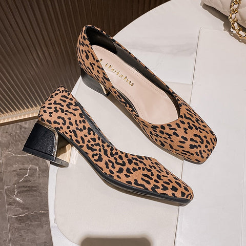 Women High Heels Shoes Ladies Bowknot Loafers Chunky Heels Leopard Pumps OL Casual Leather Casual Shoes Plus Size 35-43