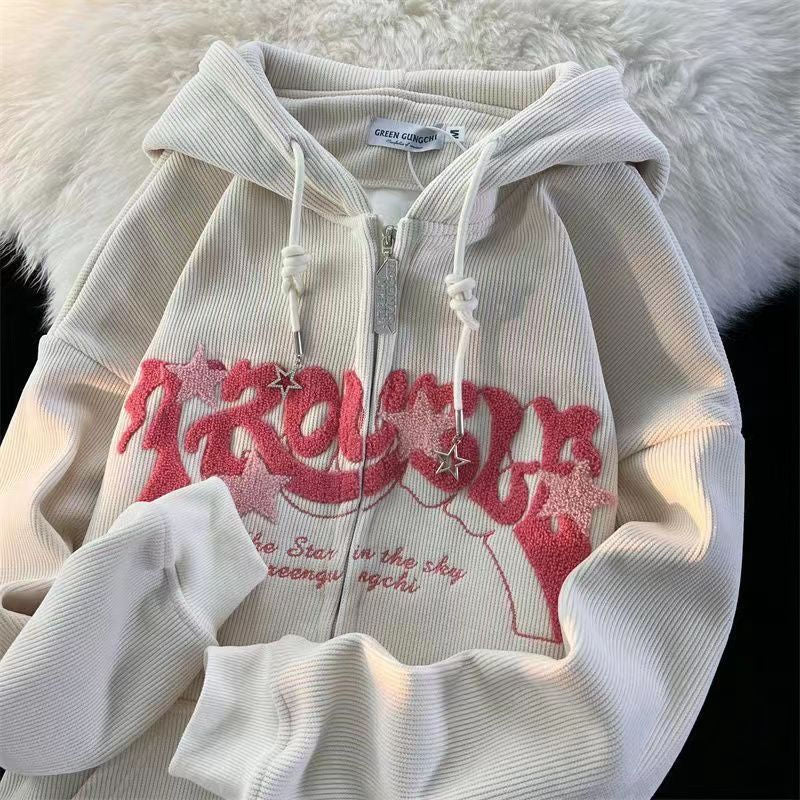 Harajuku Letter Embroidery Hoodies Women Long Sleeve Zip Up Oversize Gothic Hooded Sweatshirts Y2K Retro Angel Ears Jacket Coats