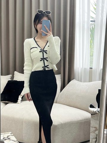 Elegant Knitted Pullover Office Lady Autumn Casual Long Sleeve Y2k Clothing V-neck Korean Style Fashion Slim Blouse Woman