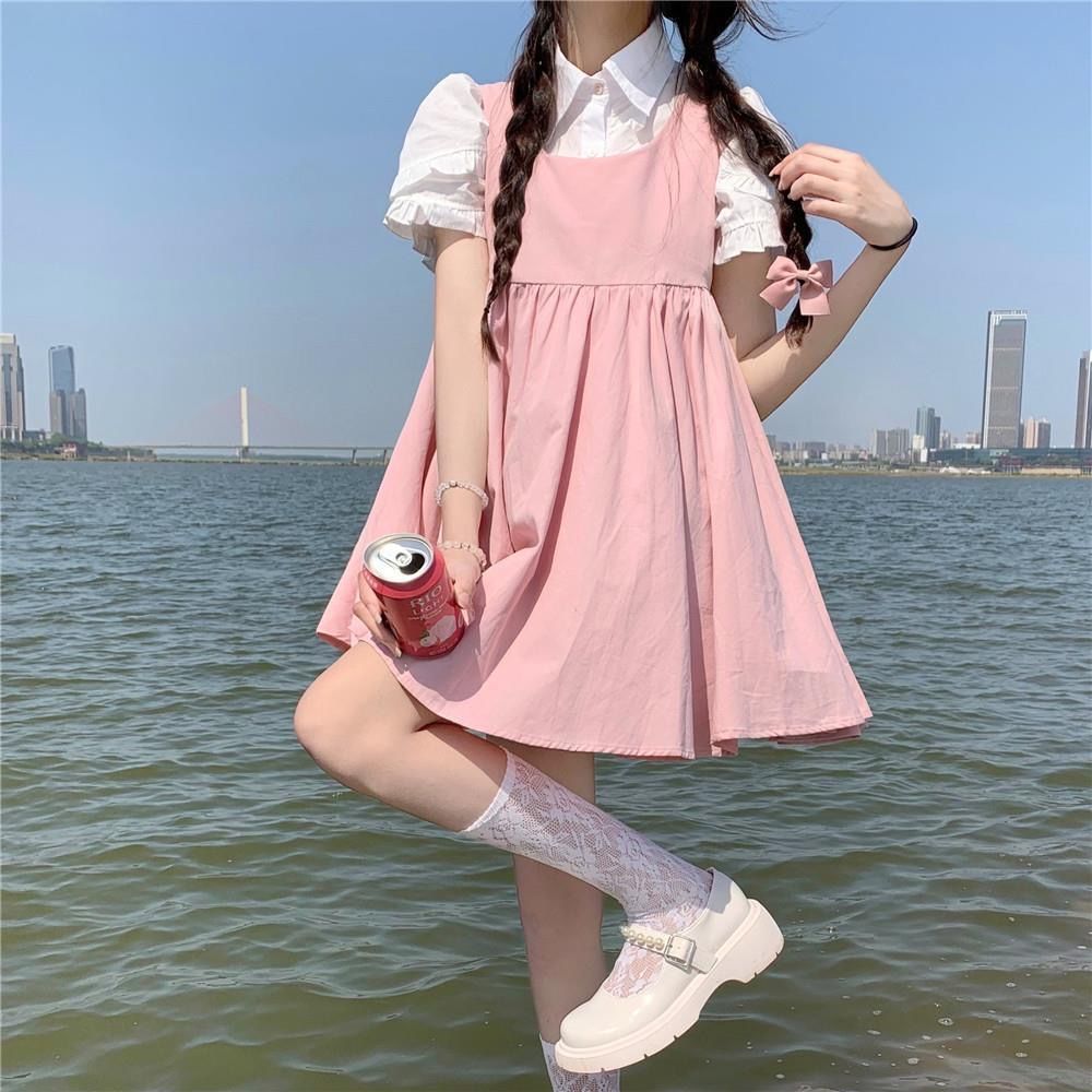 One Piece/Set Summer Retro Petal Sleeve Shirt+Sweet High Waist Strap Dress Two Piece Set Women's Fashion