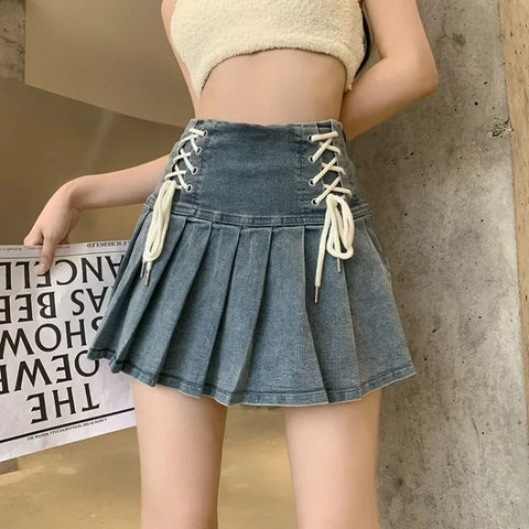 Korean Chic Blue Denim Skirt for Women Summer New High Waist A-line Skirts Y2k E-Girl Drawstring Bow Faldas Mujer