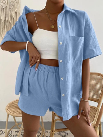 Summer Casual Ladies 2 Piece Fashion Short Sleeve Lapel Cardigan Tops and Elastic Waist Pocket Shorts Set Solid Loose Women Suit