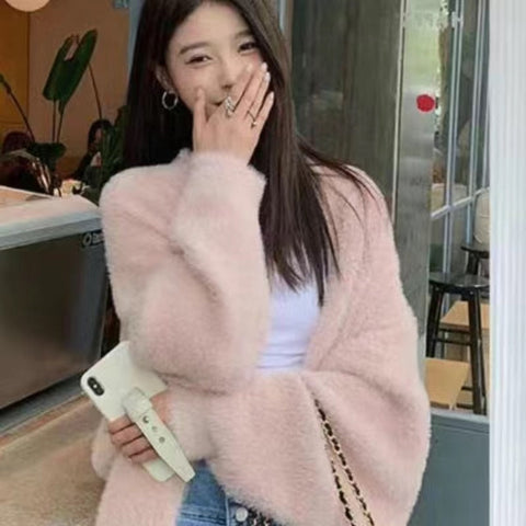 Imitation Mink Long Cardigan Women Casual Loose Soft Sweater Gilet Elegant Fall Winter Fluffy Knitwear Jackets Warm Knit