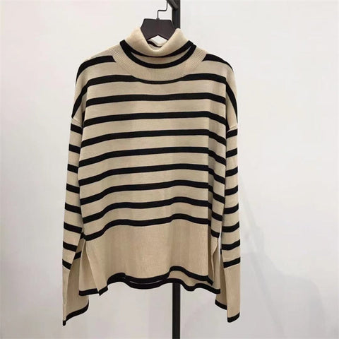 Winter Women's Long Sleeves Knit Sweater Turtleneck Striped Print Loose Pullover Tops  Autumn Oversized Sweater