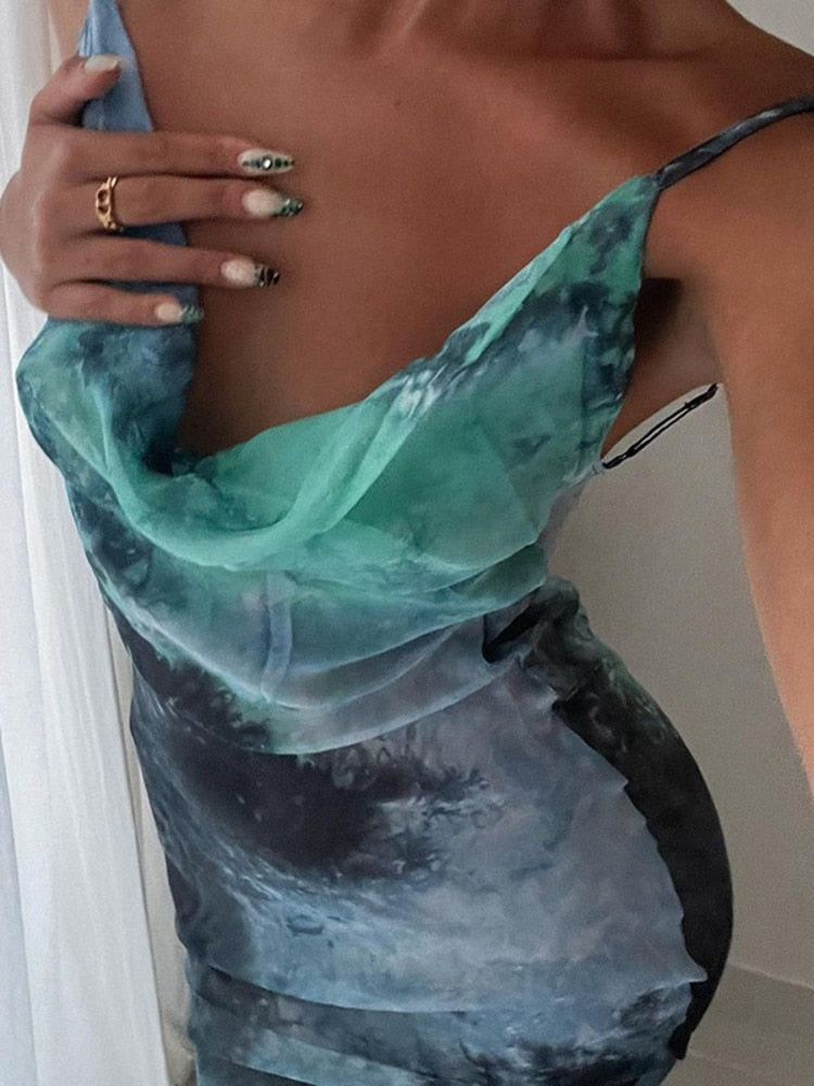 Summer Elegant Tie Dye Chiffon Dress Sexy Women Backless Side Split Bodycon Long Dresses Beach Party Vestidos
