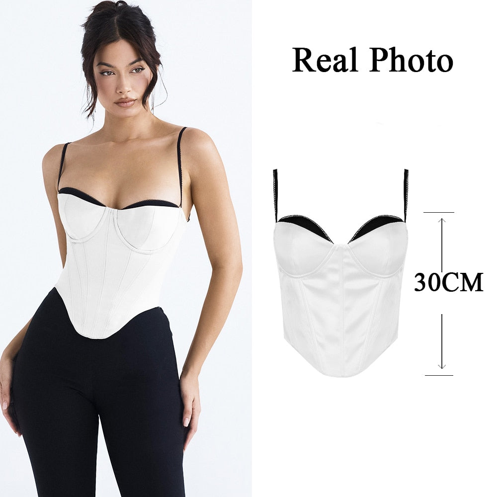 Thick Satin Bustier Corset Crop Top with Chest Pads Spaghetti Strap White Bodycon Top Summer Women Tops with Fishbone