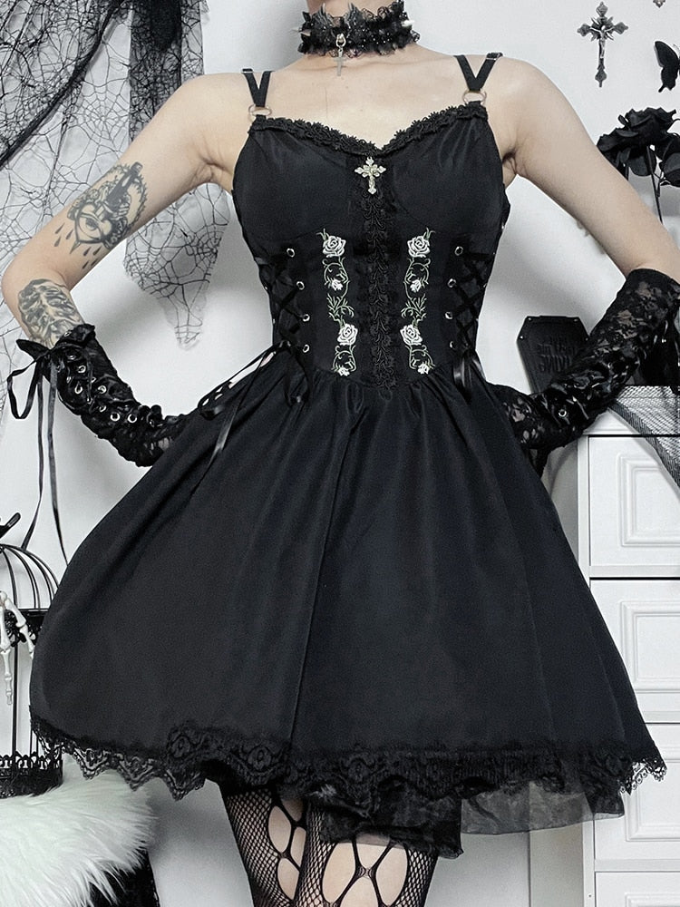 Gothic Sexy Black V Neck Lace Up Dress Y2K Aesthetic Grunge Punk High Waist Lace Trim Corset Dresses Ladies Party Dress