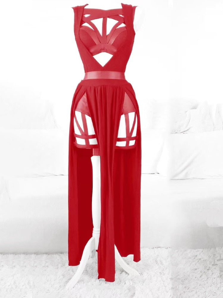 New 3 Pieces Sets Women  Dress with Chest Pads Gothic Sexy  Erotic Lingeries Party Wear Red Bandage Hollow Out Women Sets