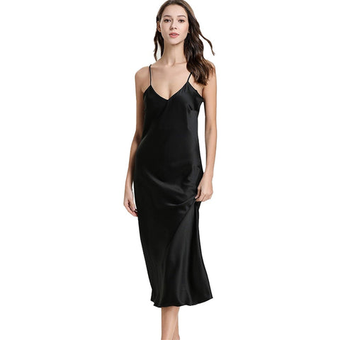 Women's Satin Nightgown Long Slip Sleep Dress Silk V Neck Sleepwear Solid Color Nightwear