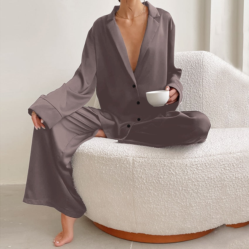 Oversized Satin Silk Sleepwear Low Cut Sexy Pajamas For Women Single-Breasted Long Sleeves Wide Leg Pants Trouser Suits