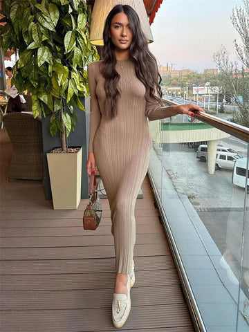 Fashion Knit Ribbed Maxi Dress Ladies High Waist Long Sleeve Patchwork Elegant Slim Party Dress Autumn Knitwear Dress