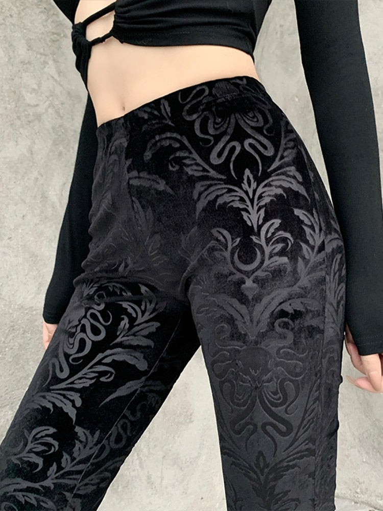 Retro Gothic Print Black Pants Goth Harajuku High Waist Flared Pants Gothic Aesthetic Punk High Waist Women Trousers