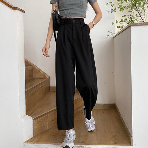 Fashion Loose Streetwear Women Wide Leg Pants Summer Elastic High Waist Suit Pants Retro Solid Black Female Trousers New S - 4XL