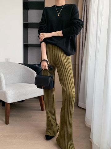 Knitting Pit Strip Wide-leg Pants Women's Autumn Winter High-waisted Slim Drapey Straight-tube Micro-trumpet Mopping Long Pants