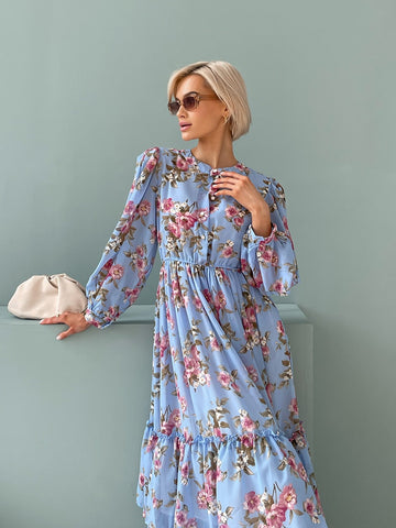 Elegant Pleated Long Sleeve Chiffon Evening Dresses Women Pink Blue Black White Floral Beach Long Maxi Summer Dress Women