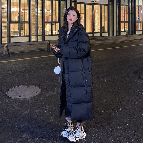 New Solid Color Long Straight Winter Coat Casual Women Parkas Clothes Hooded Stylish Winter Jacket Female Outerwear