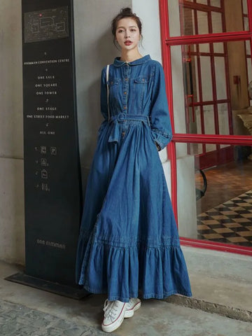 Dresses for Women Autumn Winter Fashion Versatile Women's Clothing French Retro Denim Robe Solid Large Skirt Hem Long Dress