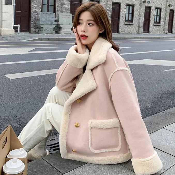 Pink Sherpa Cashmere Jacket Ladies Short Winter Fur Solid Color Loose Stitching Long Sleeve Small Korean Style Thickening New