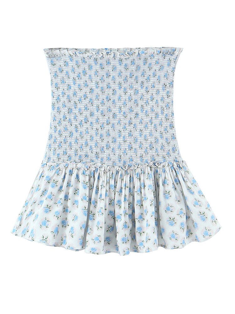 Sexy White Blue Flower Print Flare Sleeve Crop Top Women High Waist Ruffles Mini Skirt Elastic Ruched Corset 2 pieces 1 Set