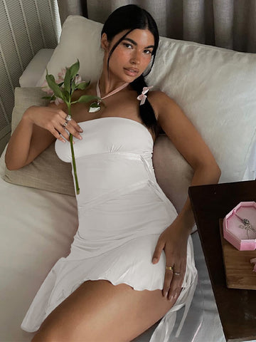 Sexy Strapless Ribbon Ruffles Women Dress Pink Backless High Elastic Dress Female Summer Skinny Hot Spil Party Clubwear