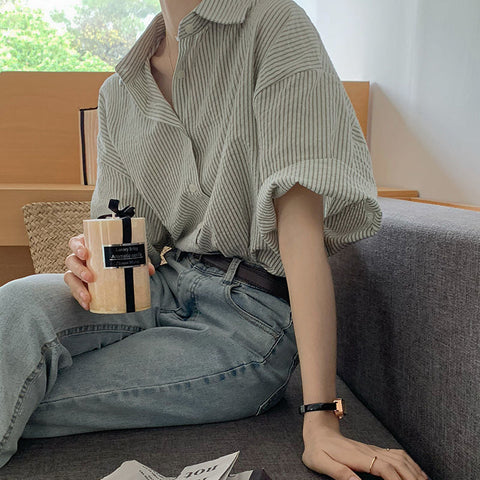 Elegant and Youth Woman Blouses Women's Clothing Spring Green Vertical Stripe Shirt Short Sleeve Chiffon Blouse Woman