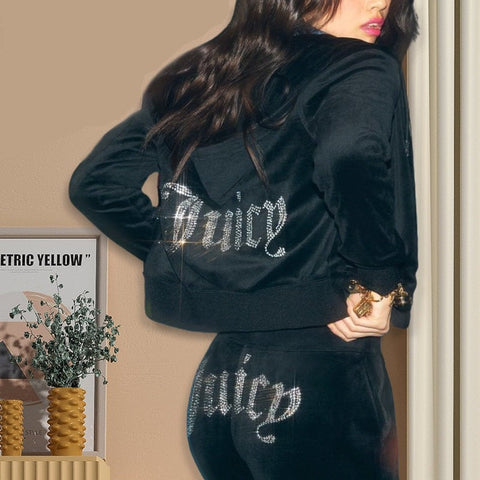 Chic Thin Velvet Autumn Juicy Apple Tracksuit 2 Pieces Set Hoodie Suit Women Velour Sweatshirt and Pants with Diamonds Y2K