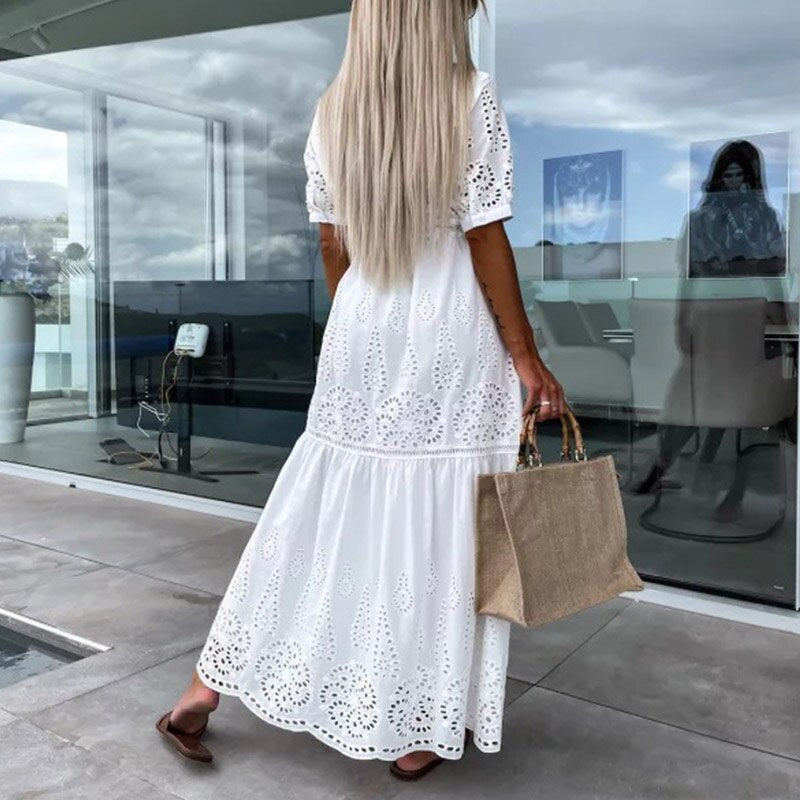 Elegant Lace Embroidery Stitch Pleated Dresses Womem Fashion Stand Collar Button-up Linen Party Dress Chic Hollow Formal Dress