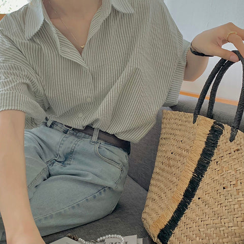 Elegant and Youth Woman Blouses Women's Clothing Spring Green Vertical Stripe Shirt Short Sleeve Chiffon Blouse Woman