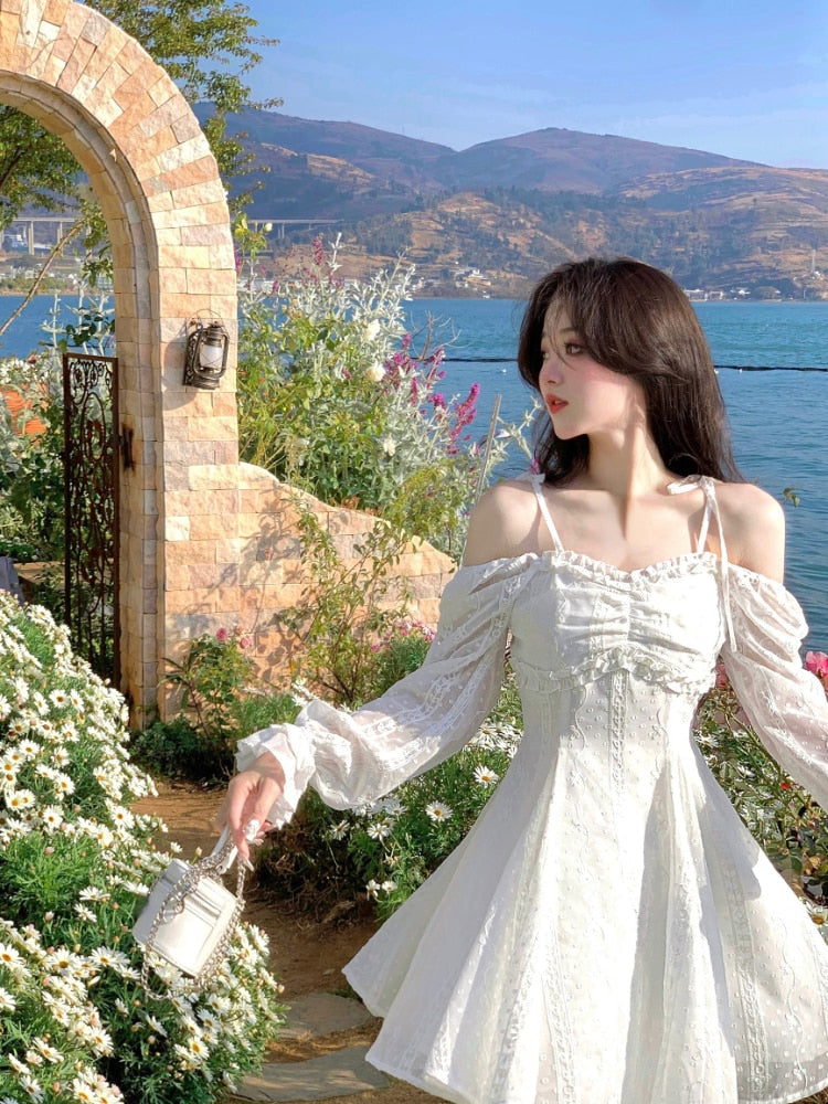 Casual Sexy Lace Mini Dress Women Ruffles Design Vintage Fairy Strap Dress Spring Casual Dress Women Fashion Elegant Kawaii