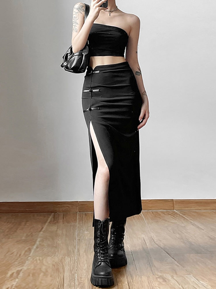 Goth Dark Streetwear Black Y2k Cargo Midi Skirts Grunge Gothic Split Sexy High Waist Skirt For Women Korean Fashion Fall Bottoms