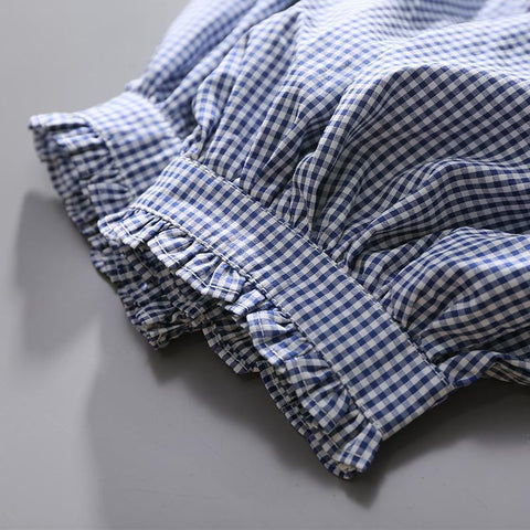 Women's Clothing Spring Summer Tops Vintage French Lantern Sleeve Elegant and Youth Woman Blouses Lace Blue Plaid Shirt