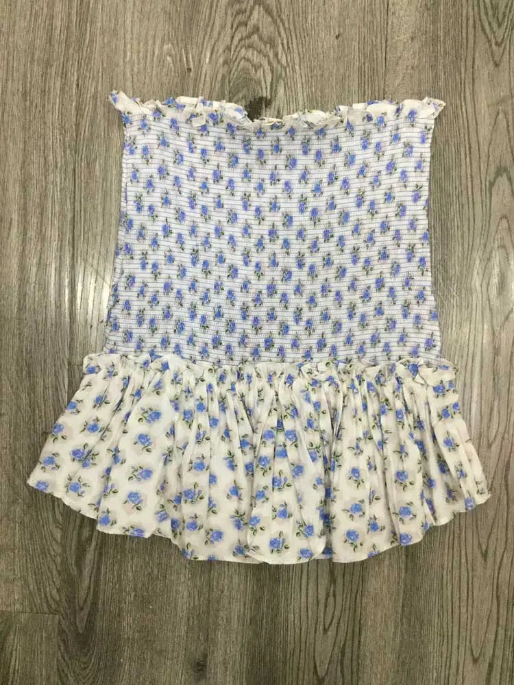 Blue floral print dress women smocked sexy women party dress ruffled sleeve summer dress women sweat ladies dress