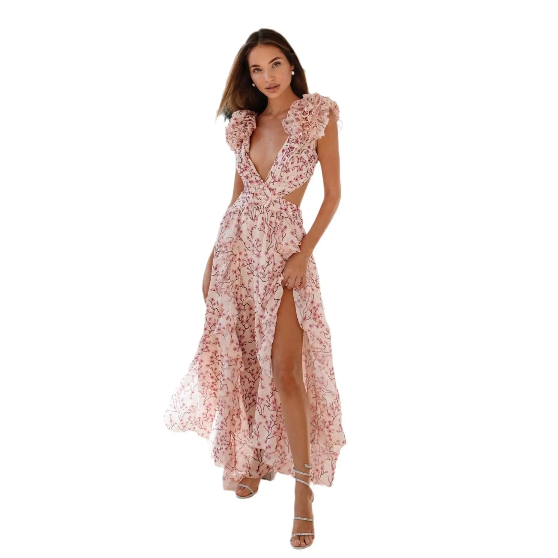 Sexy Prom Dress For Women's Holiday Printed Long Dress Deep V Off Back Bodycon Ruffled Floral Dress Party Night Club Pink