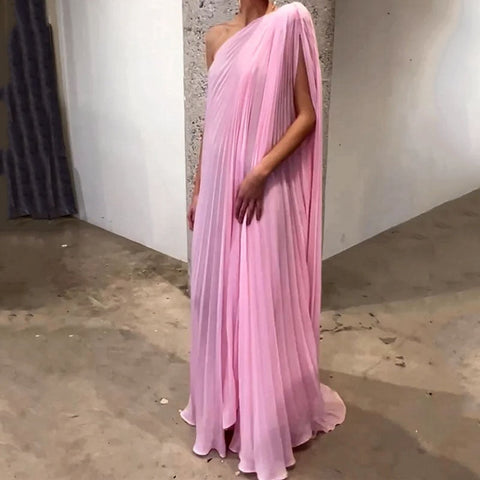 Ellafads Women Maxi Dress Trendy One Shoulder Solid Pink Irregular Pleated Batwing Sleeve Loose Evening Dresses High Streetwear