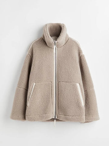 Grey Wool Fleece Stand Collar Women's Coat Lambswool Zipper Up Long Sleeve Loose Jackets  Autumn Winter Chic Casual Outwears