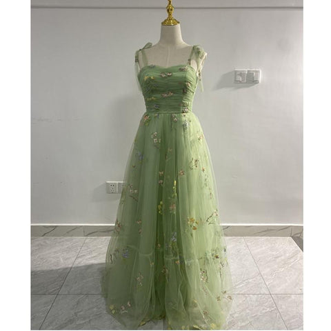 New Champagne Evening Dress Small Flowers Tulle Elegant A-line Vestido De Festa Fashion Spaghetti Strap Long Suknie Wieczorowe