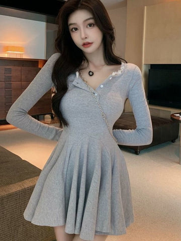 Black Wrap Dress Women Korean Style Bodycon Lace Long Sleeve Short Dresses Autumn Kpop Outfits Solid