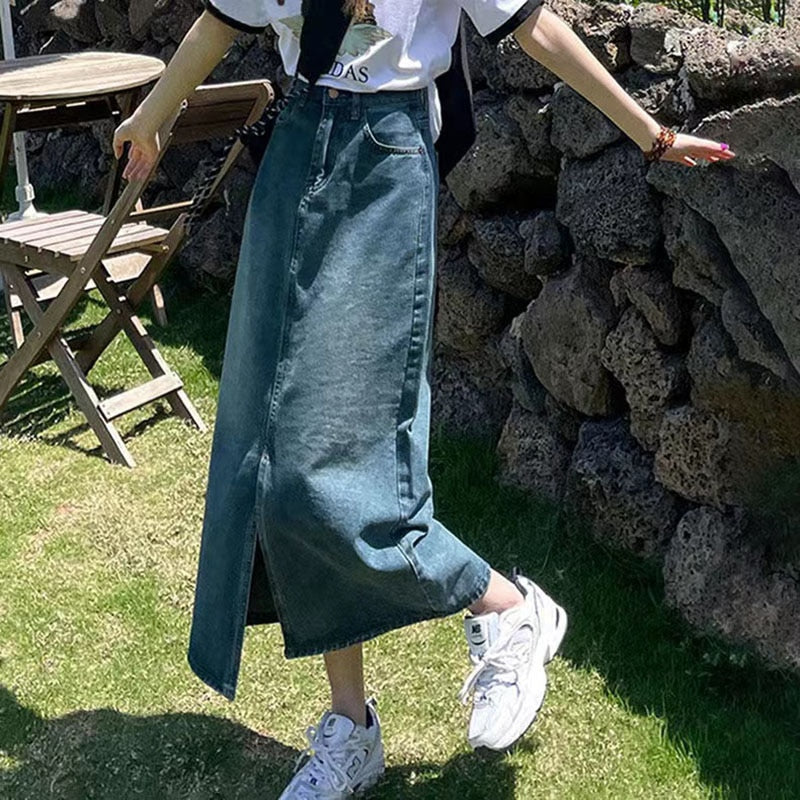 Vintage High Waist Women Denim Midi Skirt Summer Korean Thin Section Slit A Line Skirts Fashion Casual All Match Denim Skirts